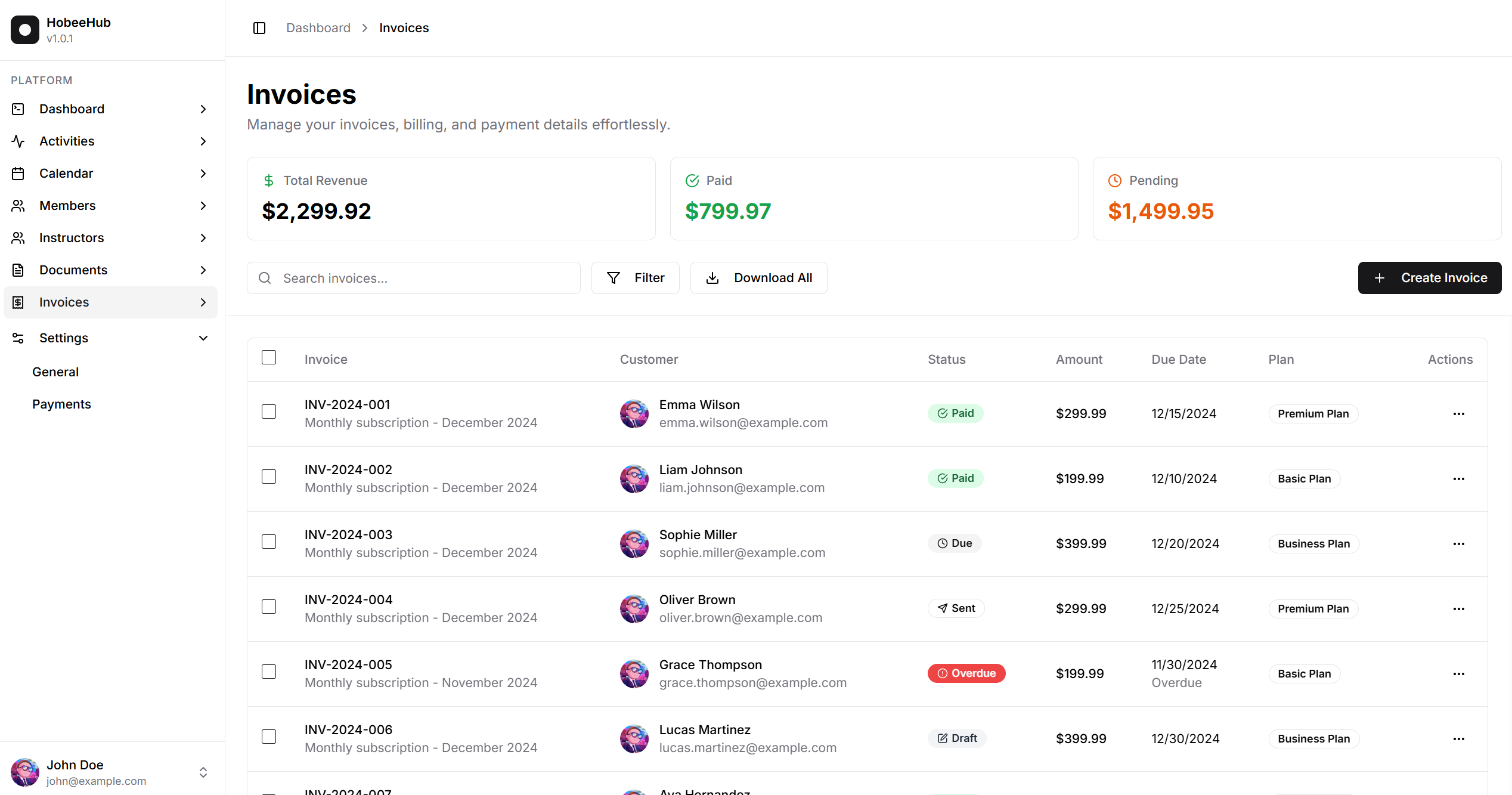 HobeeHub Invoices Dashboard - Manage billing and payments effortlessly